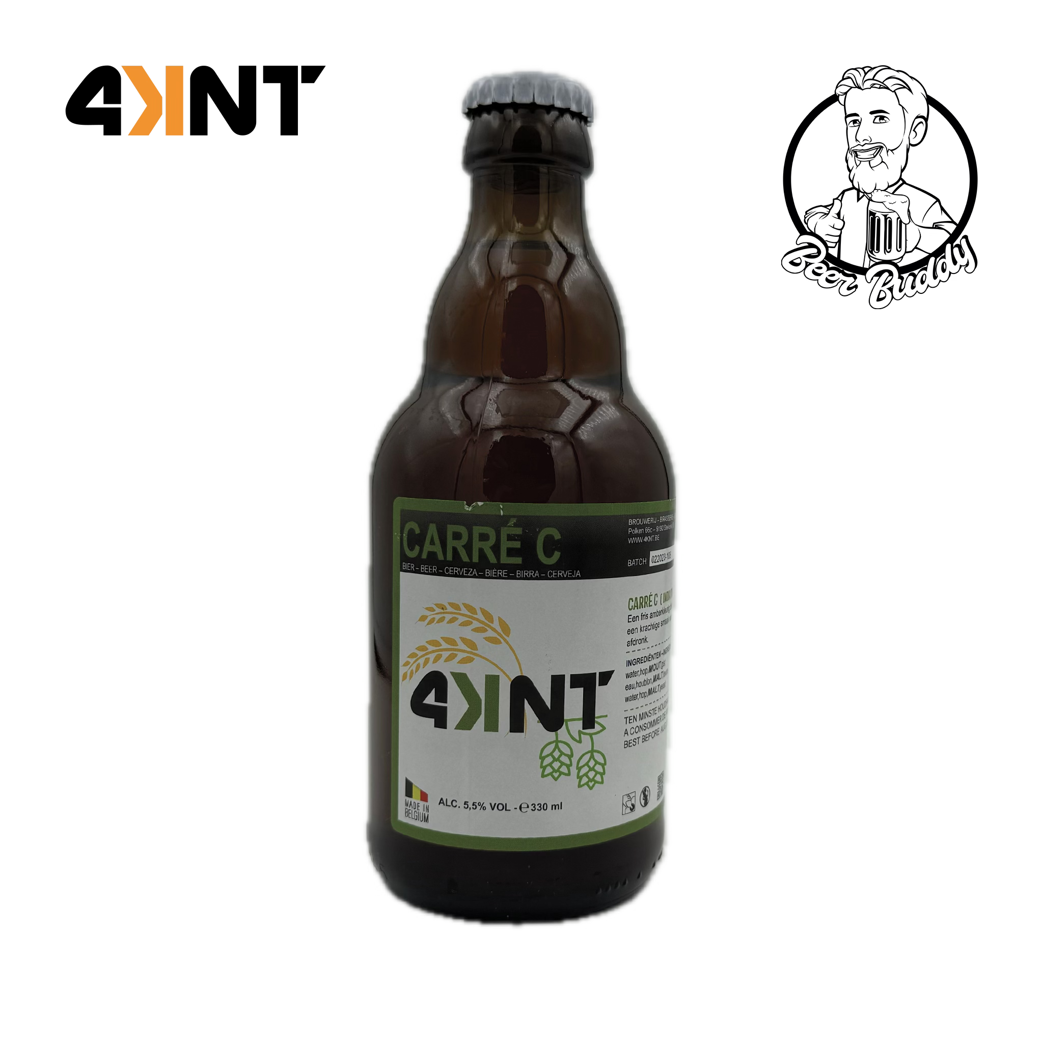 Een bruin glazen bierflesje met etiket voor "4KNT Carré C" van Brouwerij 4KNT. Op het etiket staan afbeeldingen van gerst en hop, wat duidt op een citrussmaak. De fles heeft een zilveren dop en een inhoud van 330 ml met een alcoholpercentage van 6,5%. Linksboven in de afbeelding staat ook het logo van Brouwerij 4KNT, perfect om van te genieten op het Modeste Bier Festival.